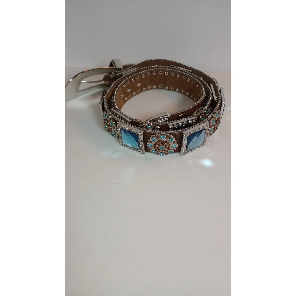 WB Atlas Brown Leather Blue Crystal Jeweled Western Belt Silver Buckle XL 48